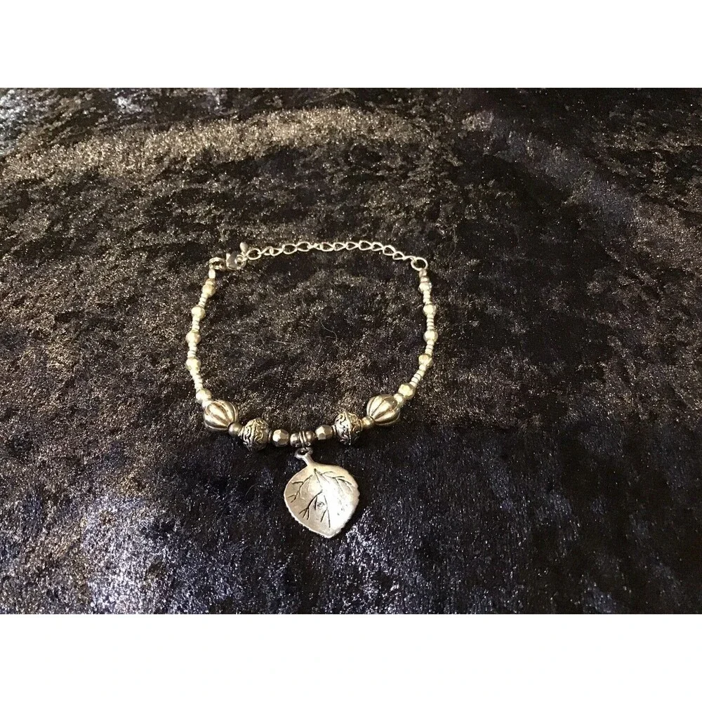 Silver Tone Beaded Leaf Charm Bracelet Adjustable Nature Fairy Boho Woodsy Fall